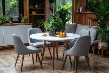 Modern dining room with round white table, grey chairs, light wooden legs, natural wood accents, white cabinets, plants, fruit bowl, and cozy atmosphere with bright daylight.