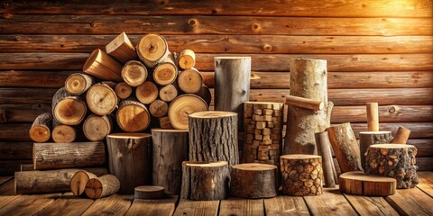 Rustic Wooden Logs and Tree Trunk Slices Arranged Against a Log Cabin Wall