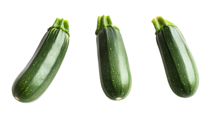 A row of three fresh, ripe green zucchini vegetables are presented for healthy cooking ingredient marketing isolated on a transparent