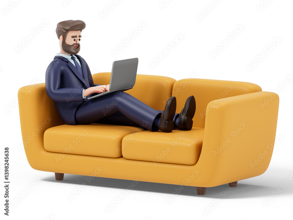 Poster a man lounges on a yellow sofa while using a laptop, symbolizing the comfort and flexibility of work