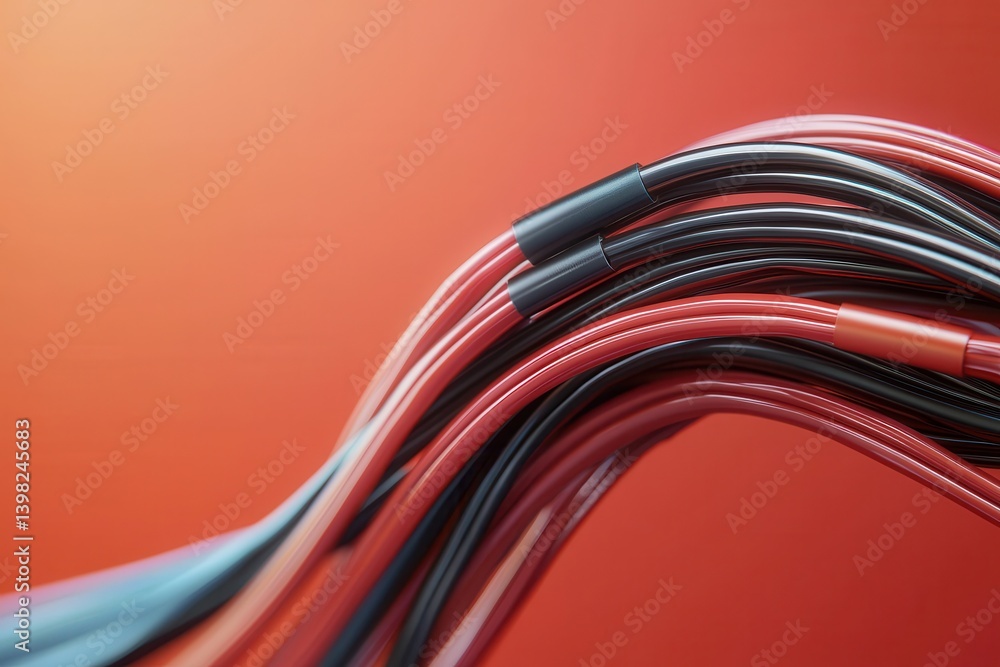 Poster power cables with high flexibility. dynamic flow of colorful cables against a vivid red background.
