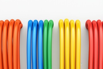 Power cables with high flexibility. Colorful coiled hoses arranged neatly in rows against a plain background.