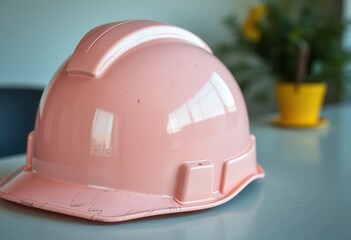 Fototapeta premium Pink Hard Hat Safety Equipment for Women Construction Worker on Table