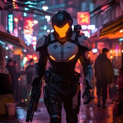 Astronaut in futuristic action suit on moon with space and military gear