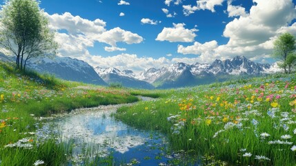 Illustration of a serene countryside landscape featuring a clear pond in the foreground