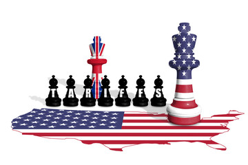 Chess made from US and United Kingdom flags. Europe Union and USA trade, tariffs and duty war