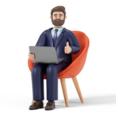 A man sits on an orange chair holding a laptop, giving a thumbs-up gesture, symbolizing approval or success in a work-related context. 3D rendering, conceptual image. Isolated on white background.