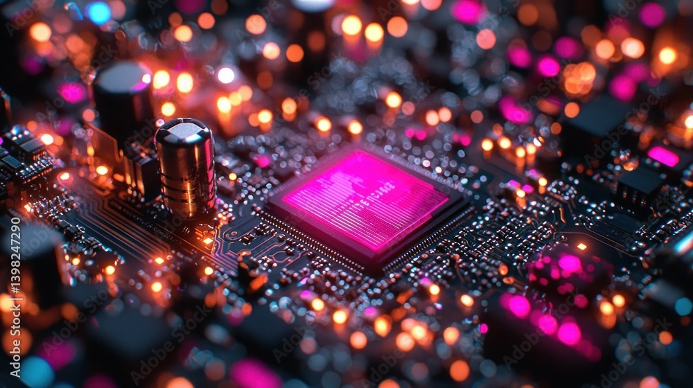 Poster illuminated circuit board: a glowing microchip's intricate design