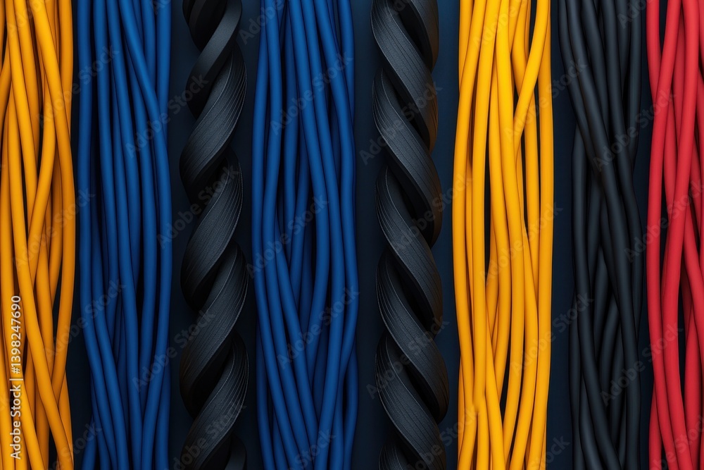 Poster power cables with high flexibility. colorful wires arranged in a patterned layout on a dark backgrou