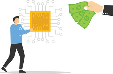 Semiconductor shortage. Businessman gives dollar coins for microchip. Computer chip supply chain shortage due, electronics manufacturing problem. Buyer pay high price for micro CPU. Vector design

