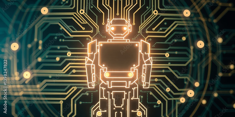 Poster glowing robot outline surrounded by circuit board patterns in a futuristic design concept art image