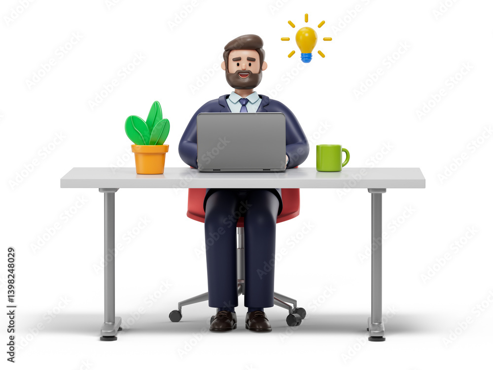Poster a man sits at a desk with a laptop,symbolizing a comfortable and productive work environment. 3d ren