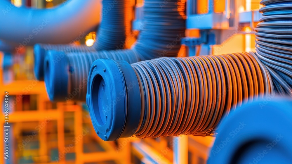 Poster power cables with high flexibility. industrial pipes with vibrant colors and intricate details creat