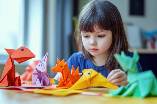 Child creates colorful origami animals during a crafting session at home - Powered by Adobe