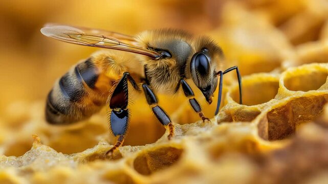 A bee gathers nectar from hexagonal honeycomb cells within its hive in bright daylight, showcasing its vital role in the ecosystem