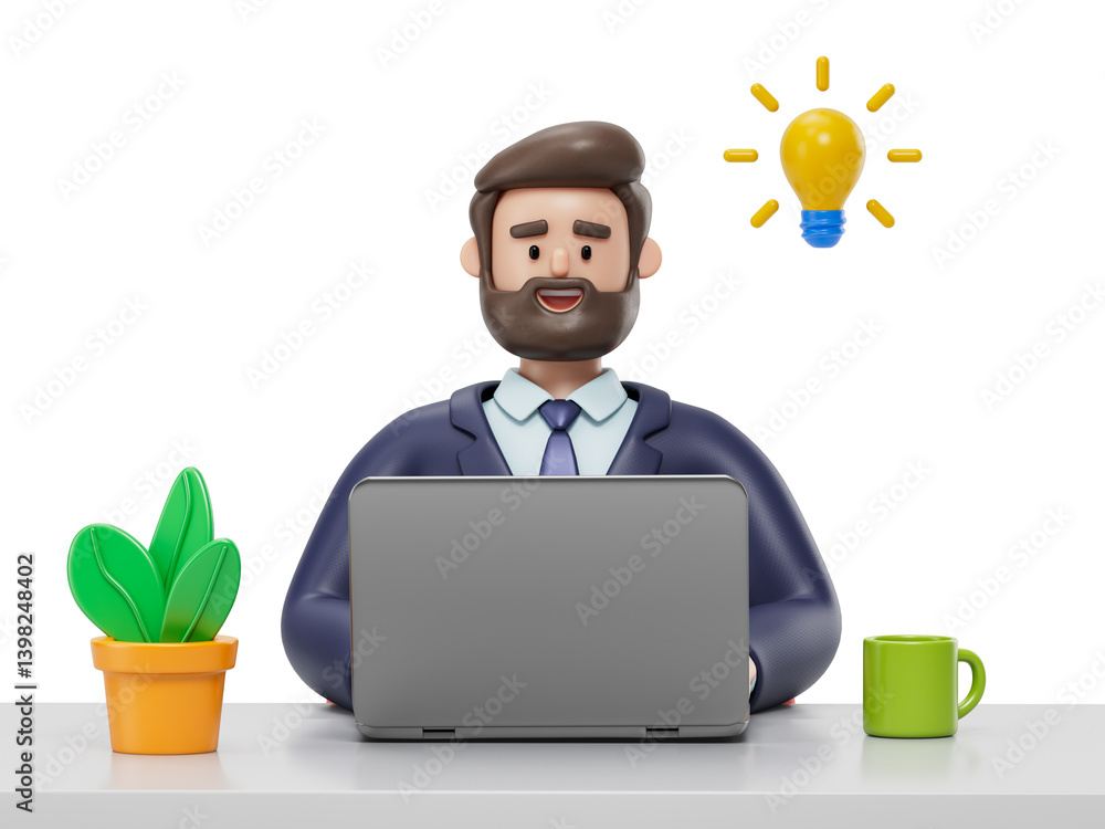 Poster a man sits at a desk with a laptop, symbolizing a comfortable and productive work environment. 3d re