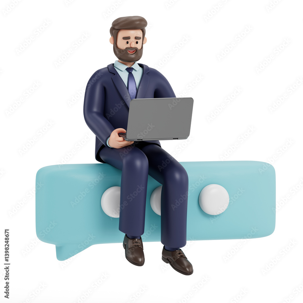 Poster a man sits on a stylized blue speech bubble using a laptop, symbolizing communication or the sharing