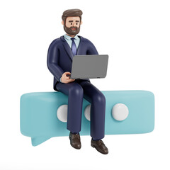 A man sits on a stylized blue speech bubble using a laptop, symbolizing communication or the sharing of ideas in a digital format. 3D rendering, conceptual image. Isolated on white background.