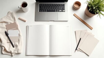 Minimalist flatlay of a european designer's workspace featuring laptop notebook and a plant for a creative and inviting atmosphere in a modern setting