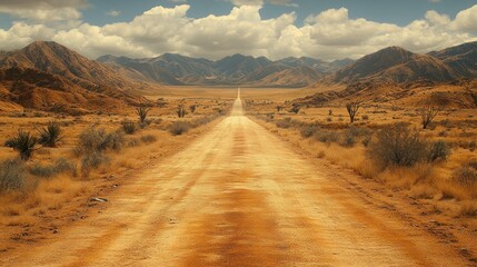 Dusty road leading into the horizon, amidst arid landscape