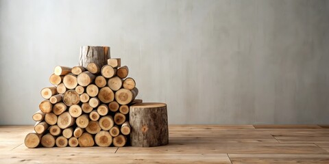 Rustic wooden logs arranged in a pyramid shape against a textured wall, with a smaller log serving as a base or pedestal.