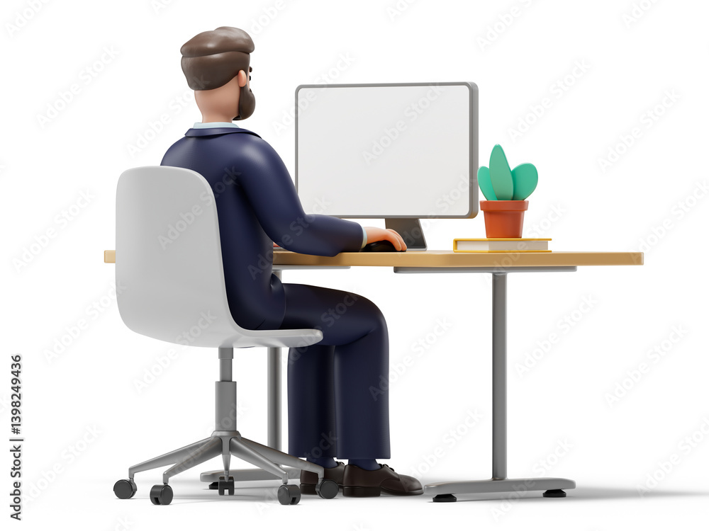 Fototapete a man sits at a desk facing away from the viewer, working on a computer with a blank screen, symboli