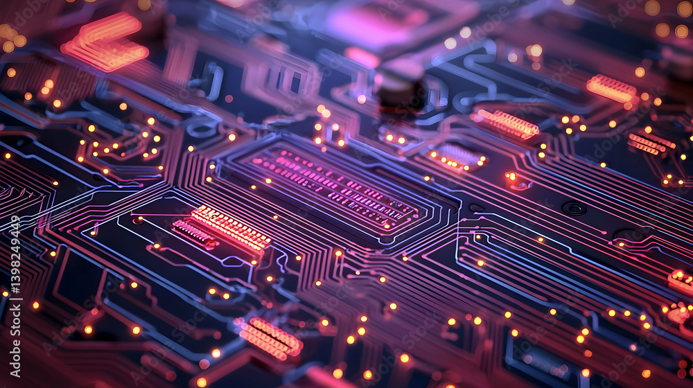 Aufkleber close up view of high tech circuit board with glowing lines