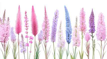 A vibrant collection of pastel pink, purple, and blue wildflowers arranged in a beautiful row against a clean white background perfect for design projects and floral arrangements.