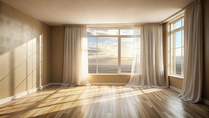 Fototapeta premium Sunlit Empty Room with Sheer Curtains and Hardwood Floor Offering Panoramic View