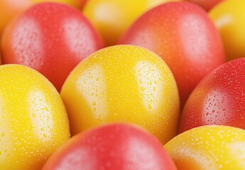 Obraz premium Colorful Easter Eggs with Water Droplets in Close Up, Radiating Bright Yellow, Vibrant Red, and Warm Orange Hues for Festive Decorations and Celebrations