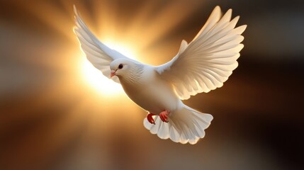 Fototapeta premium White dove soaring in golden light