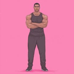 Fototapeta premium Muscular Bodybuilder: Confident Athletic Cartoon Character in Sportswear Displaying Strength and Health on Pink Background
