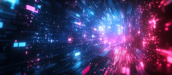 Obraz premium Digital data stream tunnel, vibrant colors, abstract background, futuristic tech
