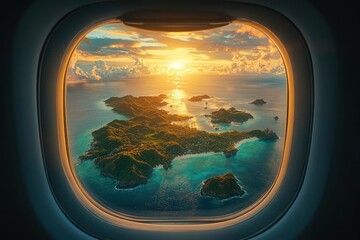 Tropical islands seen from airplane window at sunrise