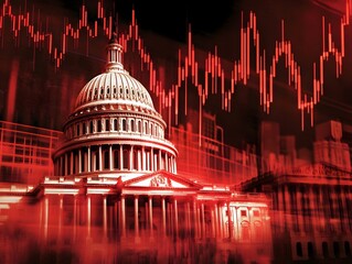 Capitol building with an American flag, overlaid with rising and falling stock charts