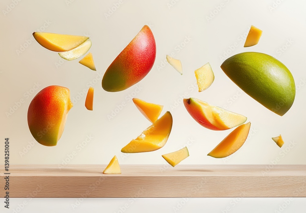 Aufkleber colorful mango slices in motion, floating against a soft background, creating a vibrant and fresh fr