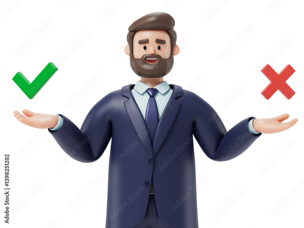 Aufkleber a man holds a green checkmark in his right hand and a red cross in his left, symbolizing the concept