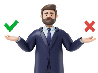 A man  holds a green checkmark in his right hand and a red cross in his left, symbolizing the concepts of correct and incorrect choices or decisions. 3D rendering, conceptual image. Isolated on white 