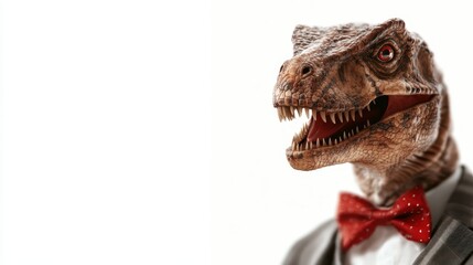 A charming dinosaur adorned in a bow tie exudes a playful smile, blending the fantastical with the humorous in a delightful representation of a prehistoric creature in modern attire.