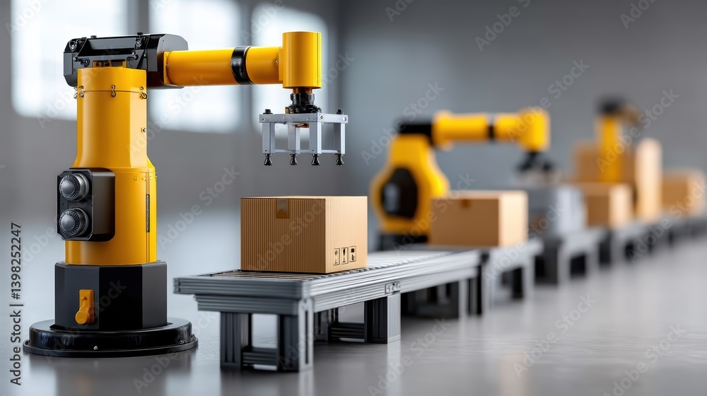 Aufkleber automated package handling, robot moving boxes on conveyor belt system in warehouse