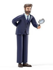 Fototapeta premium A man holds a magnifying glass, symbolizing analysis, scrutiny, or the search for details. 3D rendering, conceptual image. Isolated on white background.