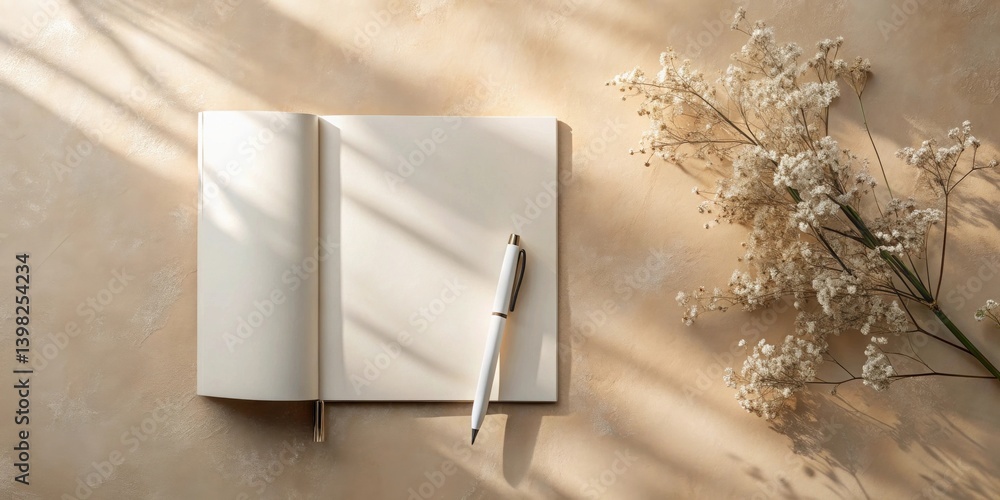 Poster open notebook with pen and dried flowers in sunlight on neutral background