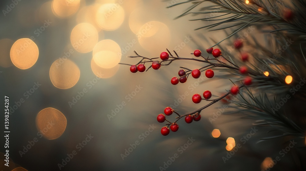 Poster festive red berries on a branch with bokeh lights in the background.
