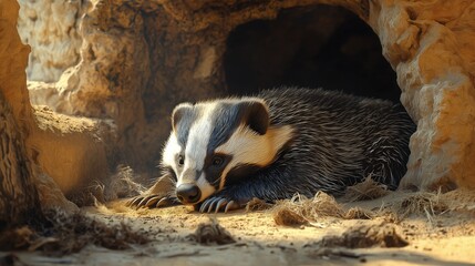 Obraz premium Badger resting in a cave