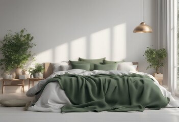 plaid green bed interior empty white plants 3d home rendering mockup bedroom wall pillows background style neutral design pendant up furniture cushion macrame pillow living room hanging cosy mock