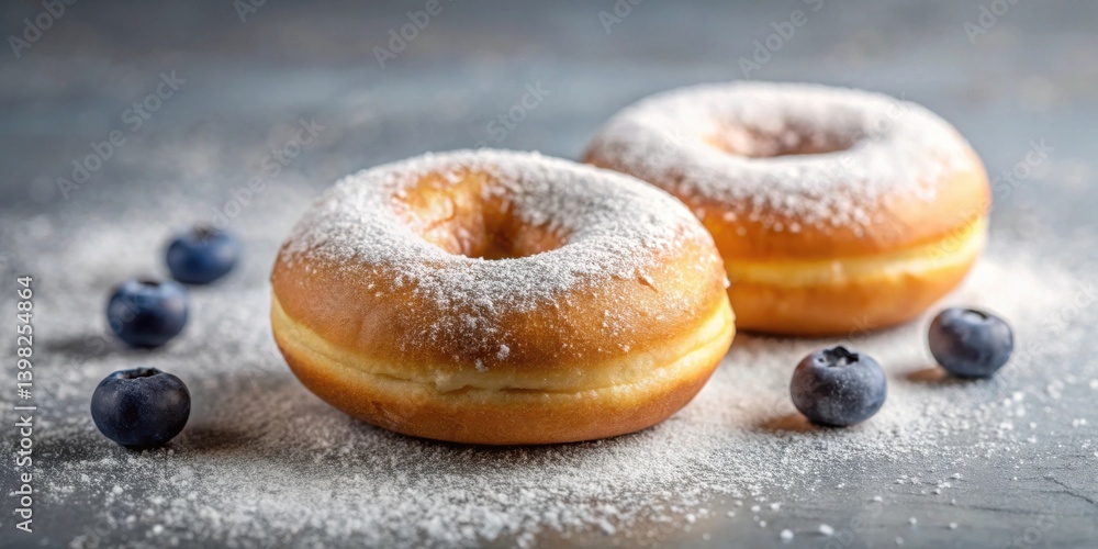 Poster a delectable duo of powdered sugar doughnuts accompanied by a scattering of plump blueberries on a d