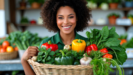 Smiling woman in green shirt with fresh vegetables
