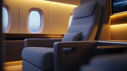 Obraz premium Private airline suite featuring fully reclined leather seat where elite travelers experience unparalleled comfort during long haul flights, luxury aviation concept designed for premium passengers.