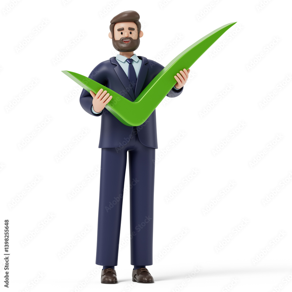 Poster man holding a large green checkmark, symbolizing approval or success. 3d rendering, conceptual image