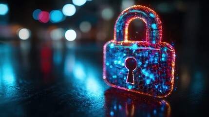 Cybersecurity: Digital Lock in Neon Cityscape